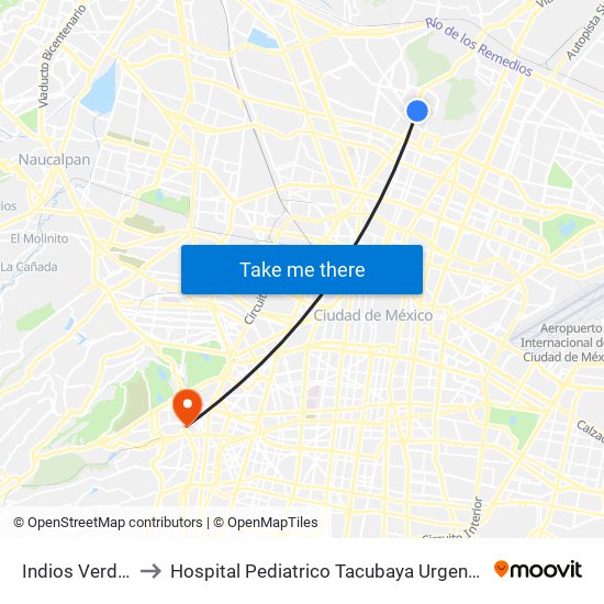 Indios Verdes to Hospital Pediatrico Tacubaya Urgencias map