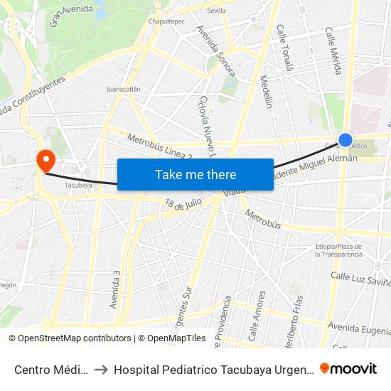 Centro Médico to Hospital Pediatrico Tacubaya Urgencias map