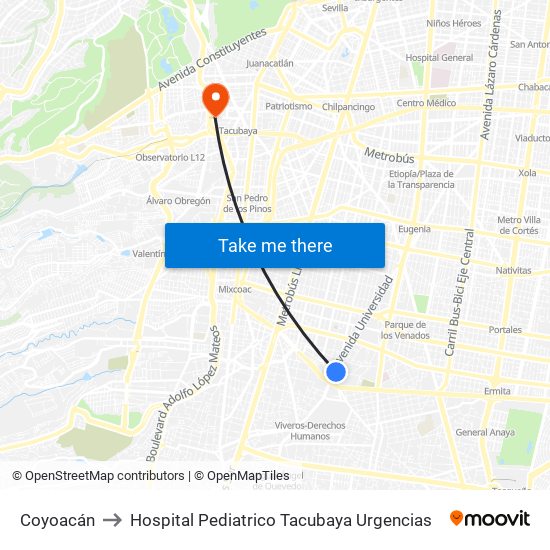 Coyoacán to Hospital Pediatrico Tacubaya Urgencias map