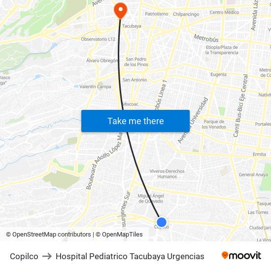 Copilco to Hospital Pediatrico Tacubaya Urgencias map