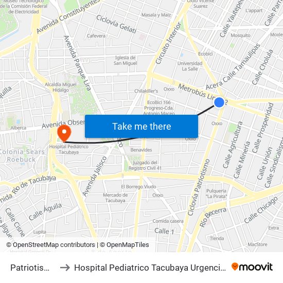 Patriotismo to Hospital Pediatrico Tacubaya Urgencias map