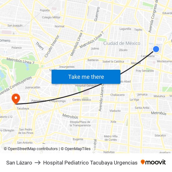 San Lázaro to Hospital Pediatrico Tacubaya Urgencias map