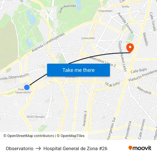 Observatorio to Hospital General de Zona #26 map