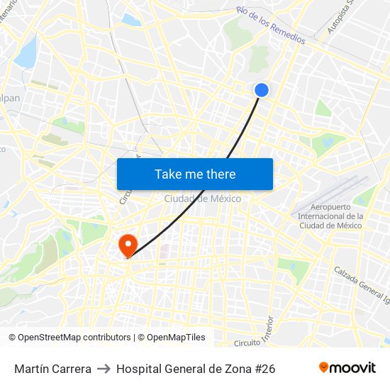 Martín Carrera to Hospital General de Zona #26 map