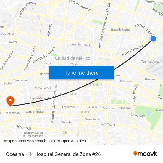 Oceanía to Hospital General de Zona #26 map