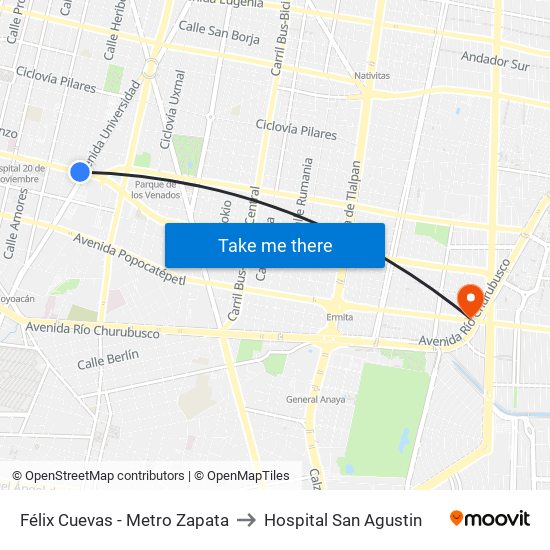 Félix Cuevas - Metro Zapata to Hospital San Agustin map