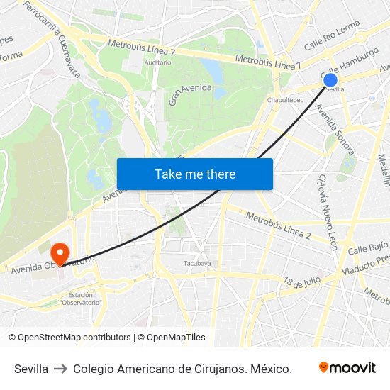 Sevilla to Colegio Americano de Cirujanos. México. map