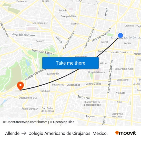 Allende to Colegio Americano de Cirujanos. México. map