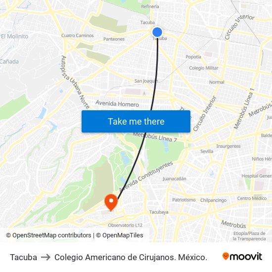 Tacuba to Colegio Americano de Cirujanos. México. map