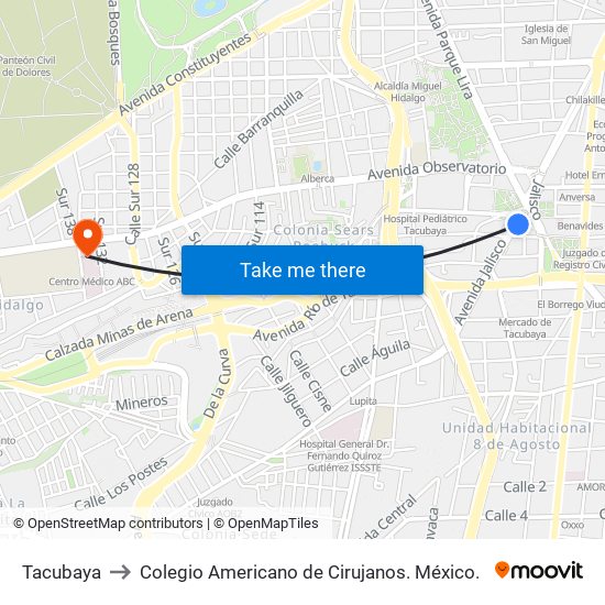 Tacubaya to Colegio Americano de Cirujanos. México. map