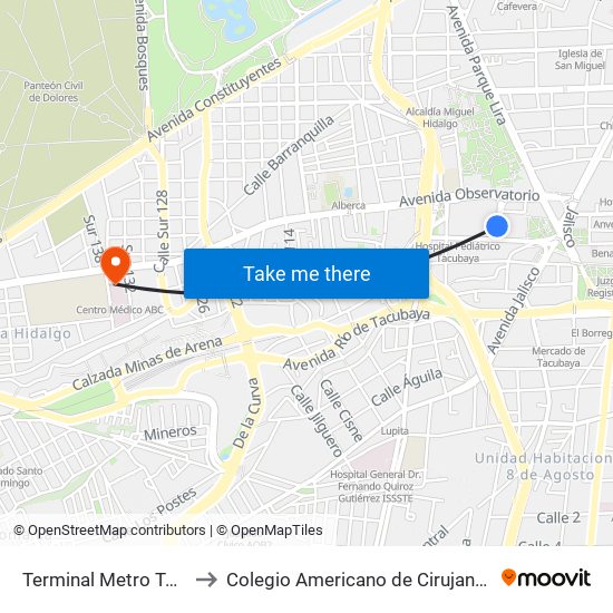 Terminal Metro Tacubaya to Colegio Americano de Cirujanos. México. map