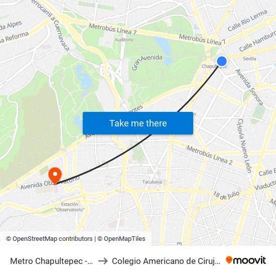 Metro Chapultepec - Av. Sonora to Colegio Americano de Cirujanos. México. map
