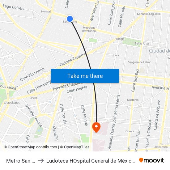 Metro San Cosme to Ludoteca HOspital General de México "Eduardo Licega" map