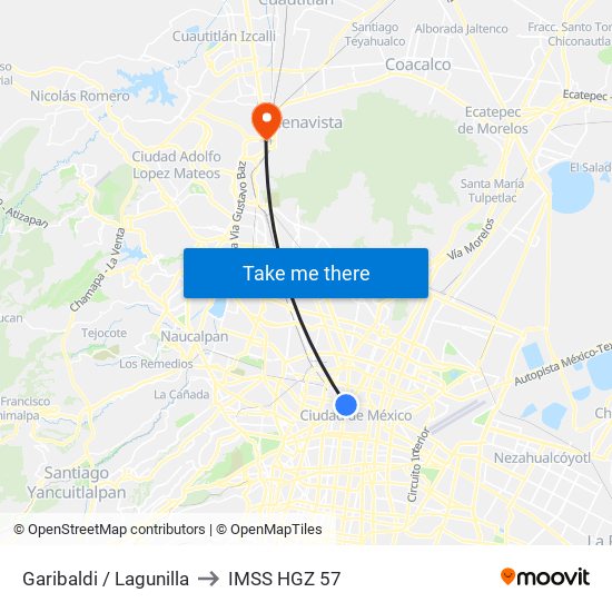Garibaldi / Lagunilla to IMSS HGZ 57 map