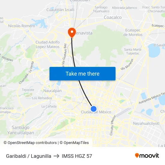 Garibaldi / Lagunilla to IMSS HGZ 57 map