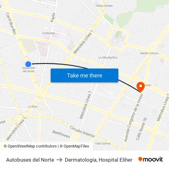 Autobuses del Norte to Dermatología, Hospital Eliher map