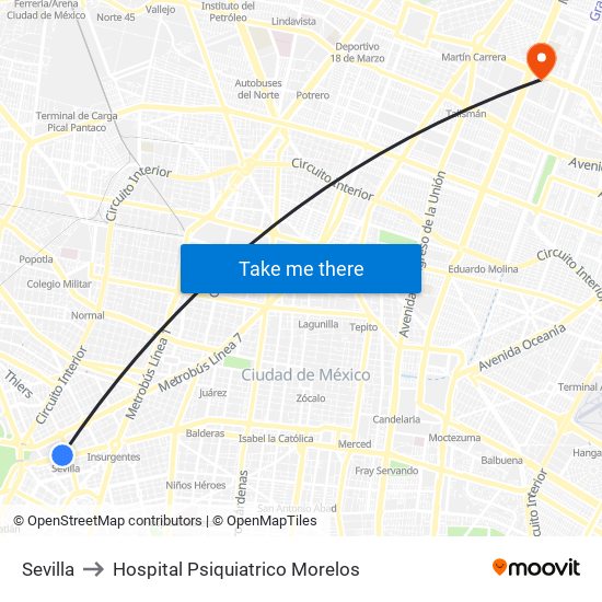 Sevilla to Hospital Psiquiatrico Morelos map