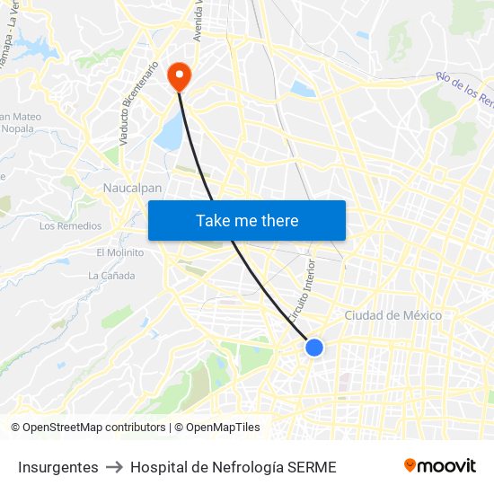 Insurgentes to Hospital de Nefrología SERME map