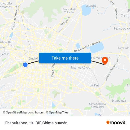 Chapultepec to DIF Chimalhuacán map