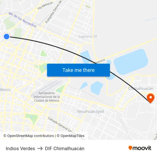 Indios Verdes to DIF Chimalhuacán map