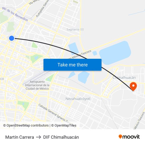 Martín Carrera to DIF Chimalhuacán map