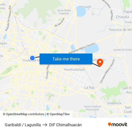 Garibaldi / Lagunilla to DIF Chimalhuacán map