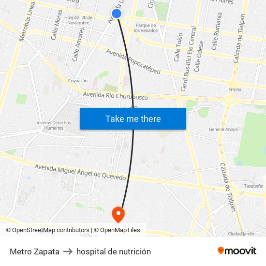 Metro Zapata to hospital de nutrición map