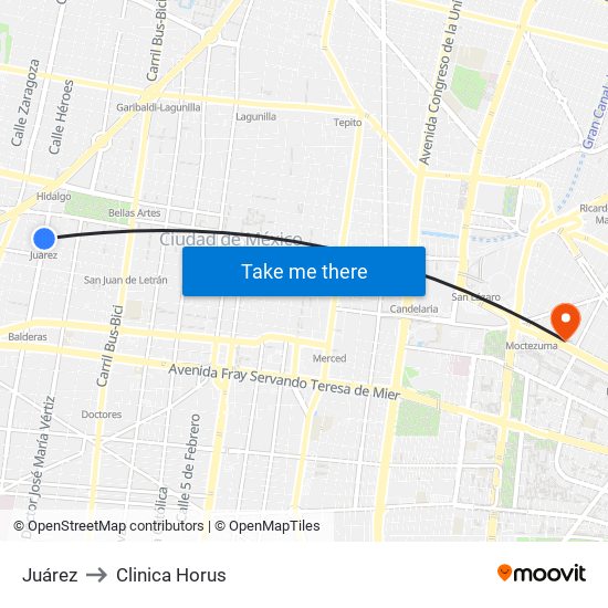 Juárez to Clinica Horus map