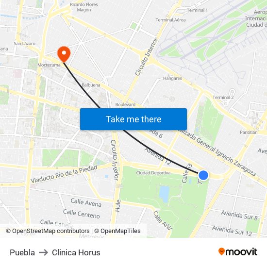 Puebla to Clinica Horus map