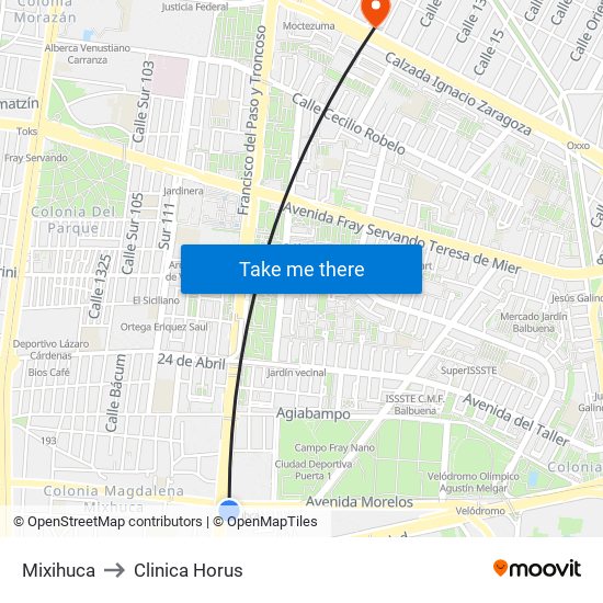 Mixihuca to Clinica Horus map