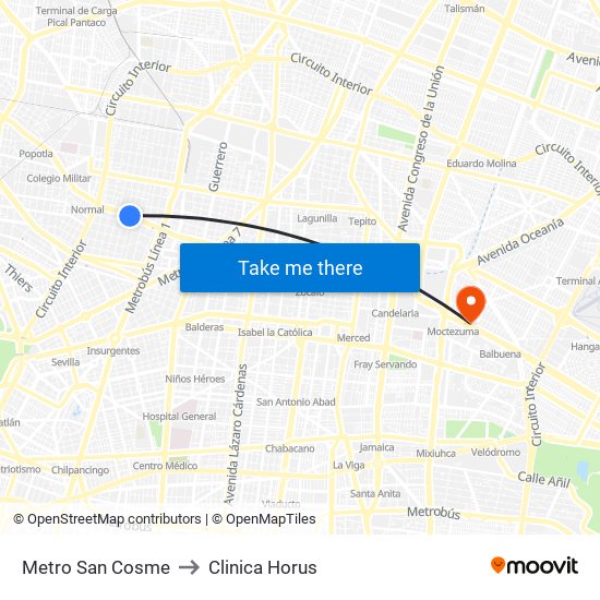 Metro San Cosme to Clinica Horus map