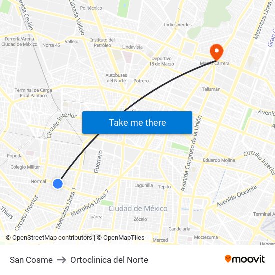 San Cosme to Ortoclinica del Norte map