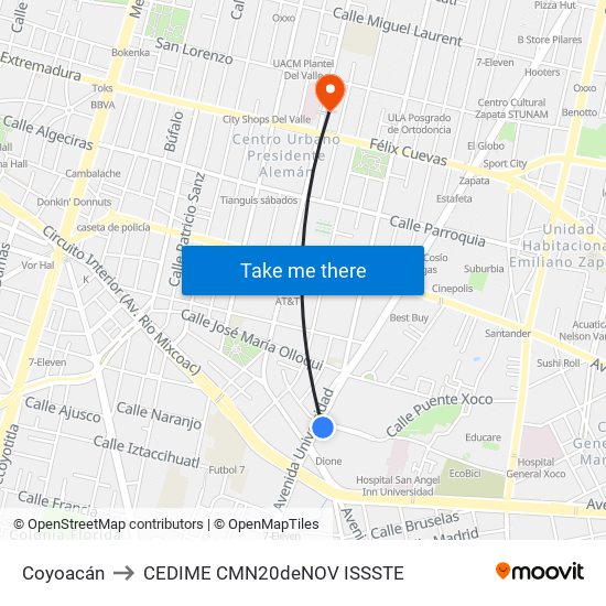 Coyoacán to CEDIME CMN20deNOV ISSSTE map