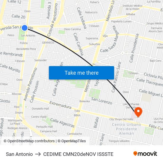 San Antonio to CEDIME CMN20deNOV ISSSTE map