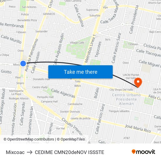 Mixcoac to CEDIME CMN20deNOV ISSSTE map