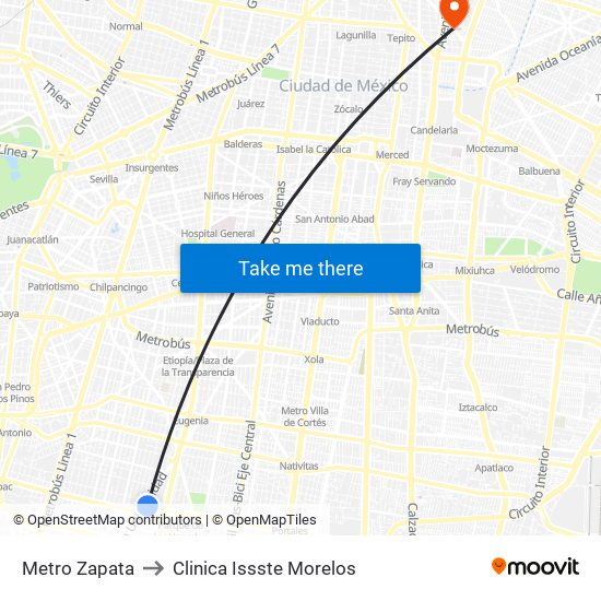 Metro Zapata to Clinica Issste Morelos map