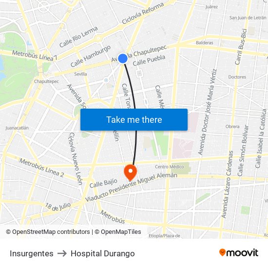 Insurgentes to Hospital Durango map