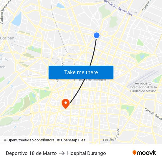 Deportivo 18 de Marzo to Hospital Durango map