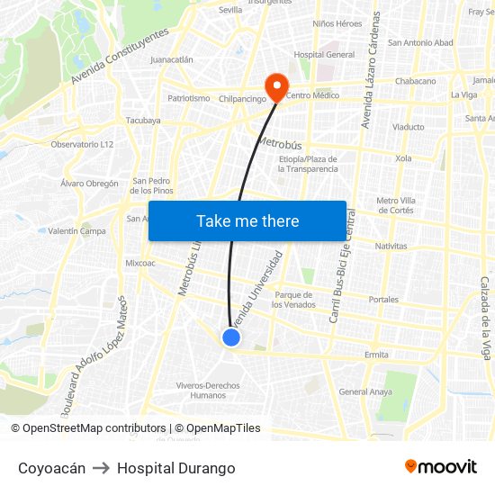 Coyoacán to Hospital Durango map