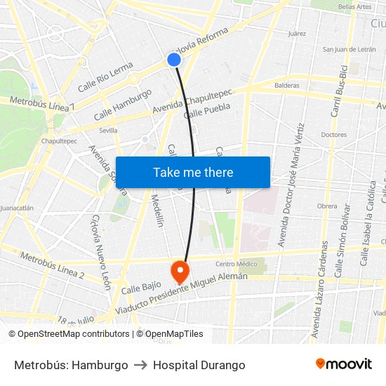 Metrobús: Hamburgo to Hospital Durango map