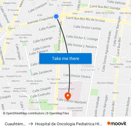 Cuauhtémoc to Hospital de Oncologia Pediatrica HIMFG map