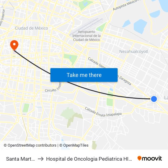 Santa Martha to Hospital de Oncologia Pediatrica HIMFG map