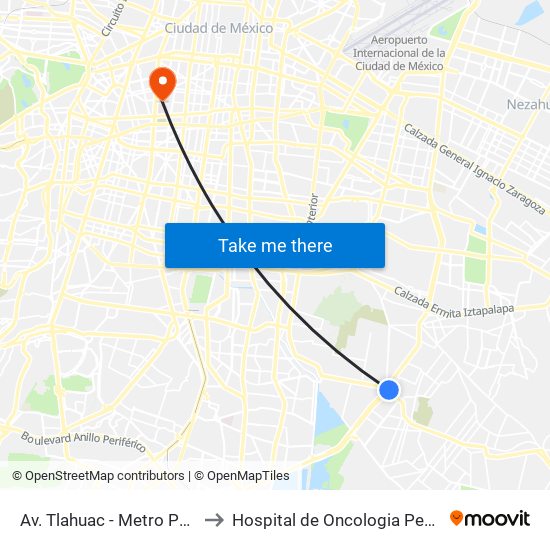 Av. Tlahuac - Metro Periférico Ote. to Hospital de Oncologia Pediatrica HIMFG map