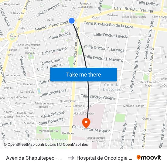 Avenida Chapultepec - Metro Cuauhtémoc to Hospital de Oncologia Pediatrica HIMFG map