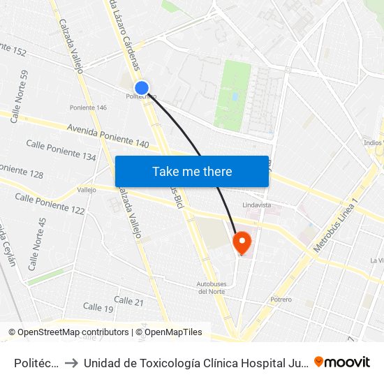 Politécnico to Unidad de Toxicología Clínica Hospital Juárez de México map