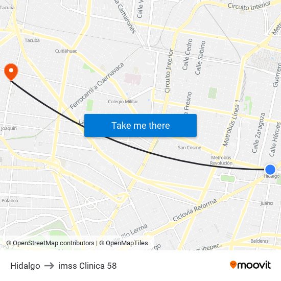 Hidalgo to imss Clinica 58 map