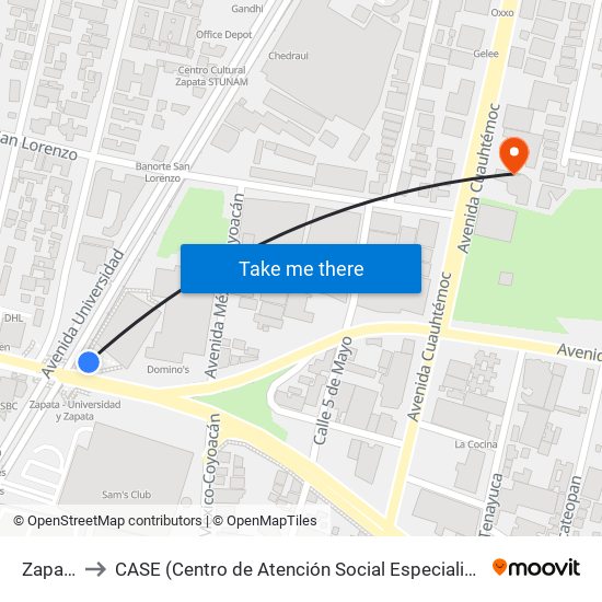 Zapata to CASE (Centro de Atención Social Especializada) map