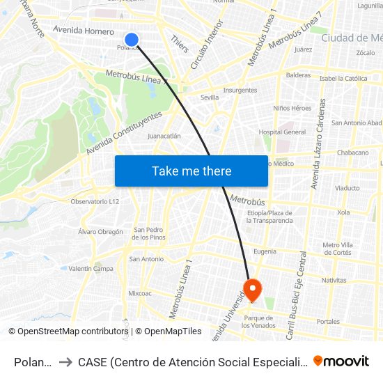 Polanco to CASE (Centro de Atención Social Especializada) map