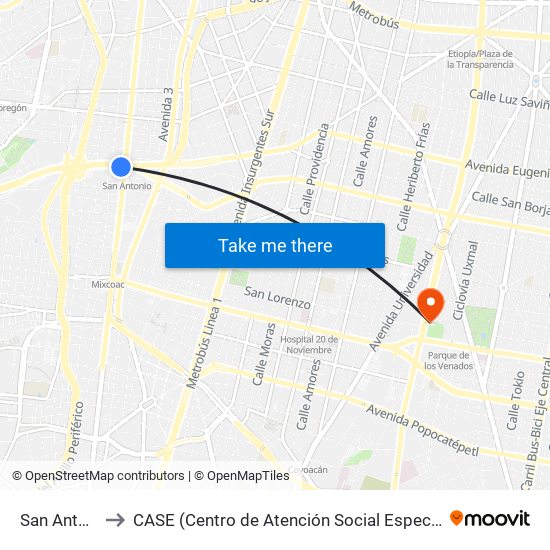 San Antonio to CASE (Centro de Atención Social Especializada) map