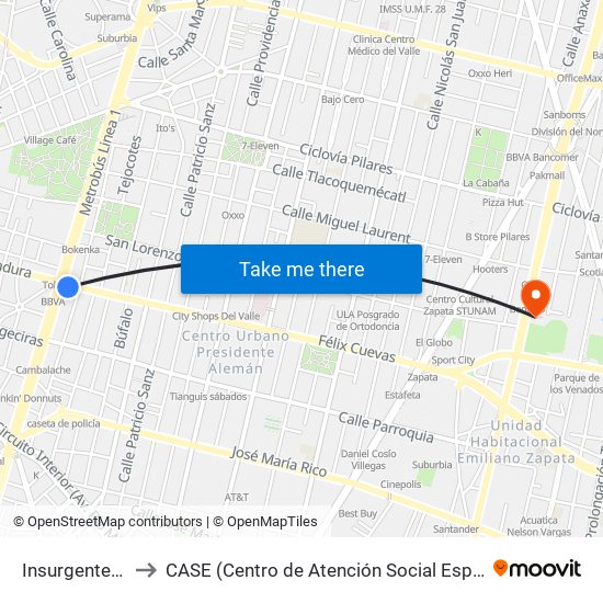 Insurgentes Sur to CASE (Centro de Atención Social Especializada) map